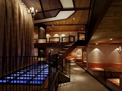 Modern Restaurant Interior With Wooden Ceiling Chandeliers Staircase And Cozy Seating Area 3d model