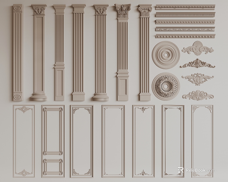 Different Types of Gypsum Moldings Including Columns Panels and Ornamental Trim 3d model 
