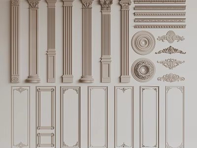Different Types of Gypsum Moldings Including Columns Panels and Ornamental Trim 3d model