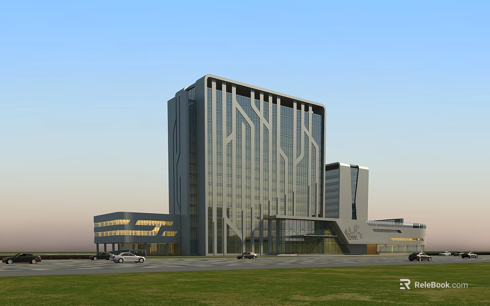 Modern Office Building Featuring Glass Curtain Wall Geometric Patterns Green Lawn And Front Parking 3d model 