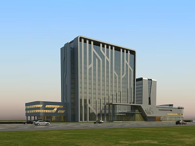 Modern Office Building Featuring Glass Curtain Wall Geometric Patterns Green Lawn And Front Parking 3d model