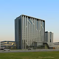 Modern Office Building Featuring Glass Curtain Wall Geometric Patterns Green Lawn And Front Parking