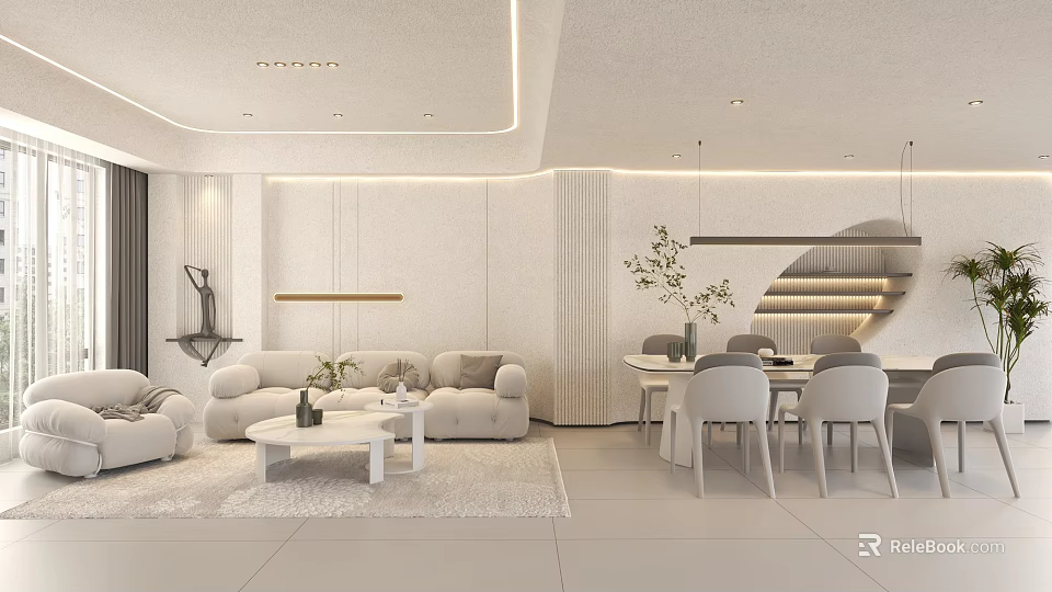 Modern Living Dining Room Interior Design With Sofa Coffee Table Dining Chairs And Plants 3d model 
