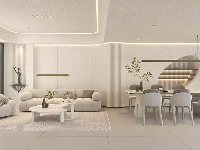 Modern Living Dining Room Interior Design With Sofa Coffee Table Dining Chairs And Plants 3d model