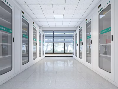 Laboratory Storage Room With White Glass Door Cabinets Green Labels And Large Windows 3d model