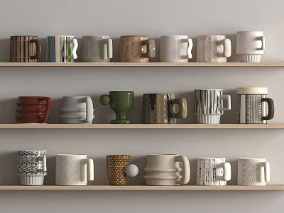 Various Ceramic Cups On Wooden Shelves With Different Designs And Colors 3d model