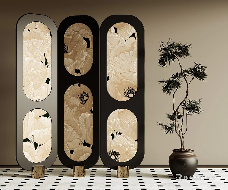 Three Panel Chinese Style Screen with Floral Bird Patterns Black Frame and Potted Pine 3d model 