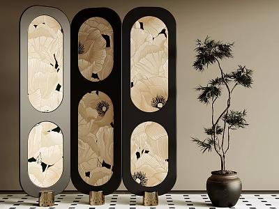 Three Panel Chinese Style Screen with Floral Bird Patterns Black Frame and Potted Pine 3d model