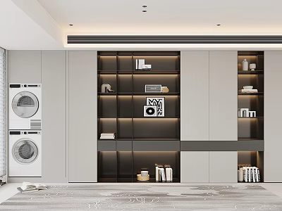 Modern Bookcase Interior Featuring Gray Black Cabinetry Open Shelves And Decorative Books 3d model