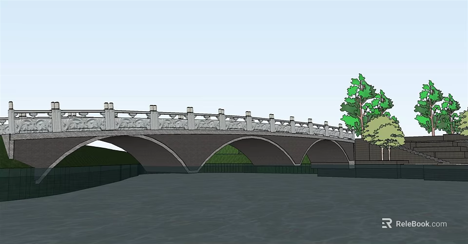 Beautiful Landscape Bridge With Arch Structure And Carved Stone Railing By River 3d model