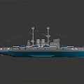 Vintage Battleship Model With Brown Deck Blue Hull Turrets And Reflective Surface 3d model