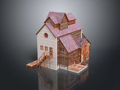 Traditional Rustic Building With Red Tiled Roof Stone Walls Wooden Structure Round Window And Staircase 3d model