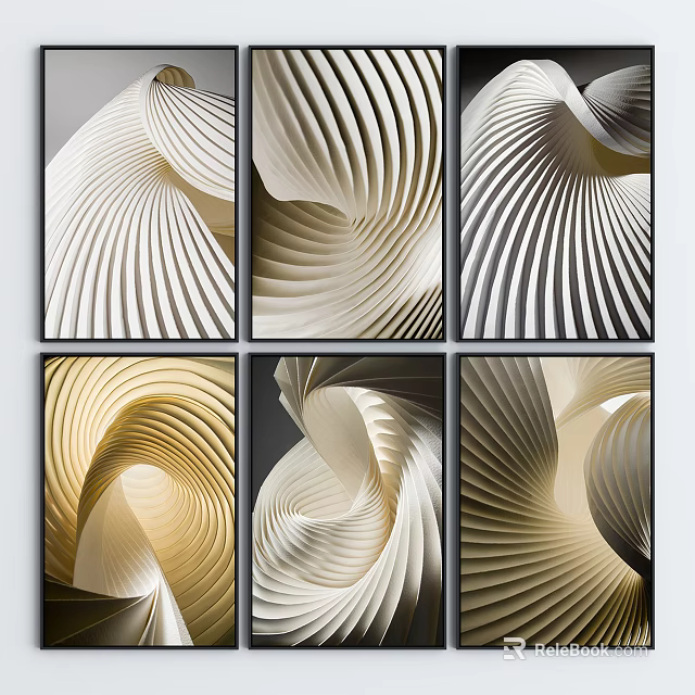 Abstract Paintings With Wavy Lines Spiral Patterns And Modern Golden White Gray Tones 3d model 