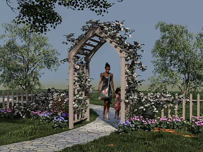 Wooden Garden Arbor With Climbing White Flowers And Stone Path For Mother And Child 3d model