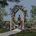 Wooden Garden Arbor With Climbing White Flowers And Stone Path For Mother And Child