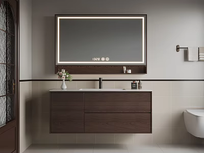 Modern Bathroom Interior Design With Illuminated Mirror Walnut Vanity And Sink 3d model