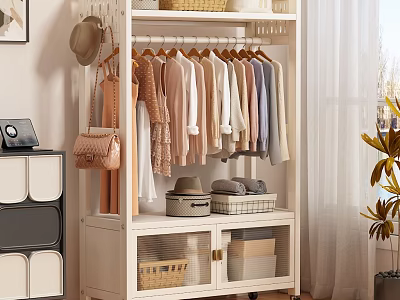 Various Colored Clothes Hanging On White Wardrobe With Hats Bags Storage Boxes And Plant 3d model