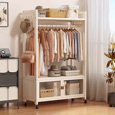 Various Colored Clothes Hanging On White Wardrobe With Hats Bags Storage Boxes And Plant 3d model