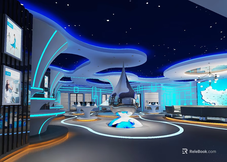 Futuristic Modern Interior Design With Starry Ceiling Blue Lighting And Curved Structures 3d model 