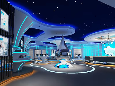 Futuristic Modern Interior Design With Starry Ceiling Blue Lighting And Curved Structures 3d model