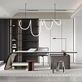 Modern Study Room Interior With Black Bookshelves Large Desk And Curved White Pendant Lights