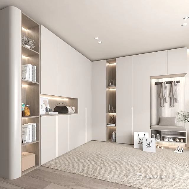White Modern Minimalist Shoe Cabinet With Open Shelves And Hanging Clothes Storage Area 3d model 