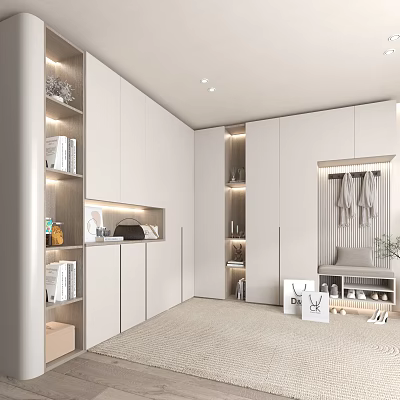 White Modern Minimalist Shoe Cabinet With Open Shelves And Hanging Clothes Storage Area 3d model