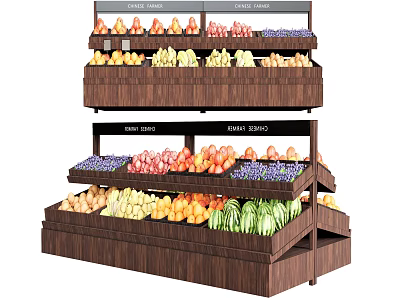 Wooden Fruit Display Shelves Stocked With Fresh Apples Bananas Oranges And Grapes 3d model