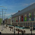 Vibrant Commercial Street With Modern Glass Building Colorful Billboards And Outdoor Seating