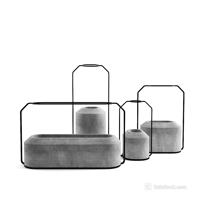 Elegant Concrete Garden Decor Items With Metal Frame Accents In Different Sizes 3d model 