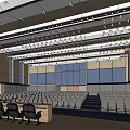 Spacious Conference Room With Neatly Arranged Seats Ceiling Lighting And Wooden Wall Decor