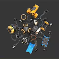 Assorted Colorful Mechanical Parts Featuring Yellow Blue Components And Various Shapes