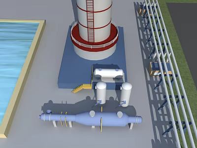 Industrial Plant Facility Featuring Cooling Tower Water Basin Piping System And Storage Tanks 3d model