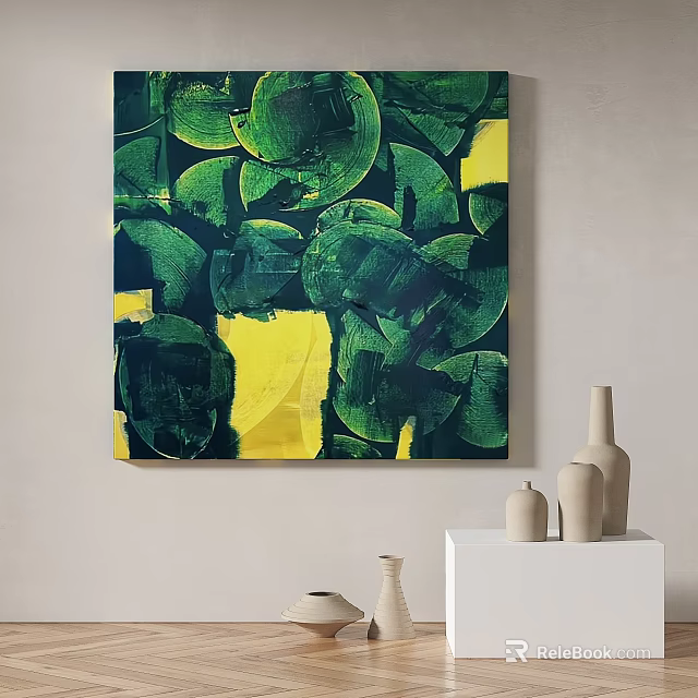 Abstract Painting Featuring Green Yellow Circular Leaf Patterns Wall Decor with Shelf Ceramic Vases 3d model