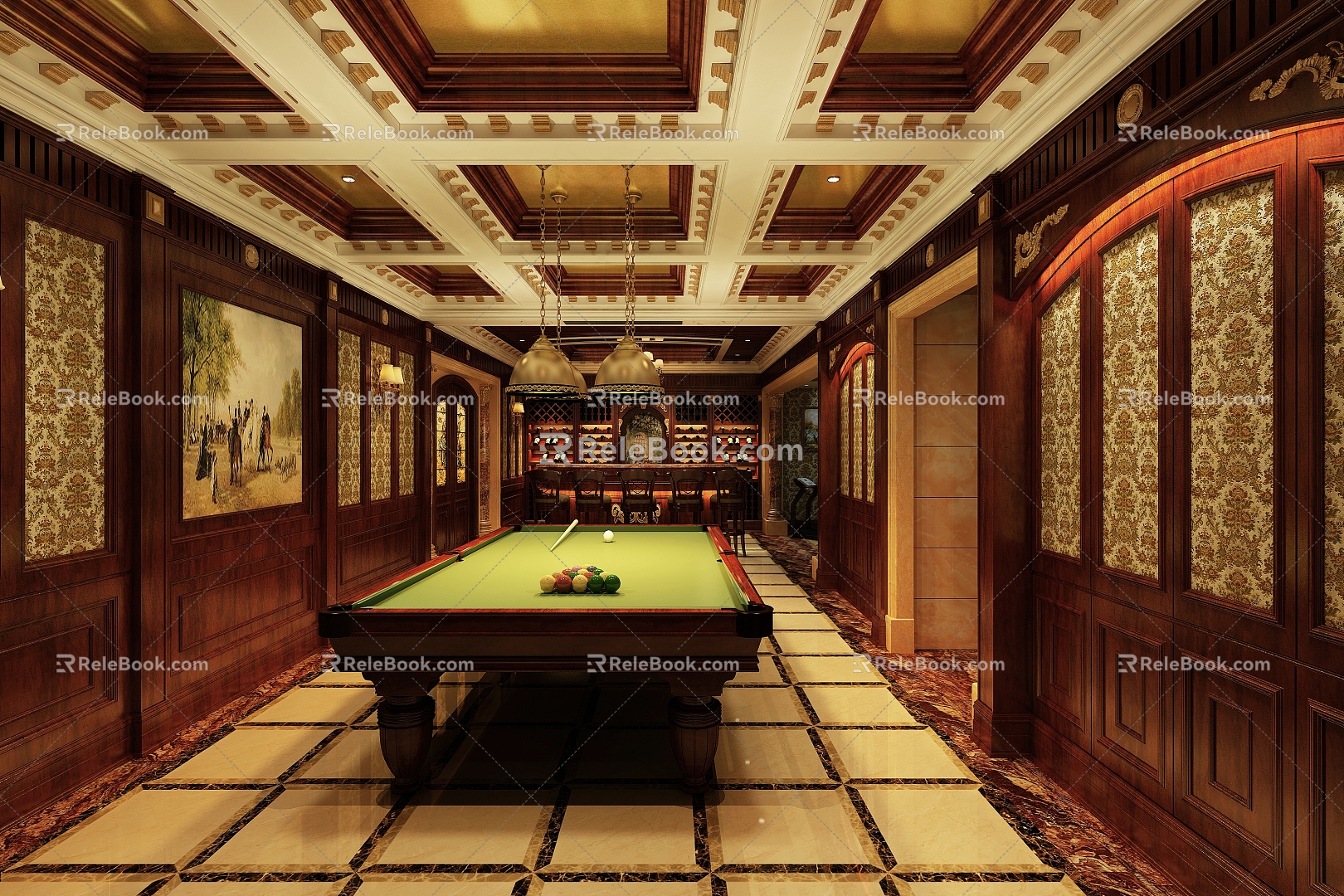 European-style Billiards Room Bar Counter Wine Cabinet Wall Panel Ceiling 3d model