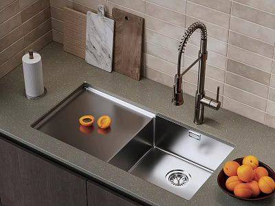Stainless Steel Kitchen Sink with Modern Faucet and Fresh Fruits on Countertop with Tile Backsplash 3d model