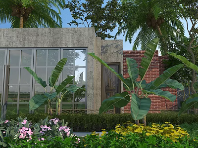 Modern Concrete Building Exterior With Glass Windows And Tropical Plants 3d model