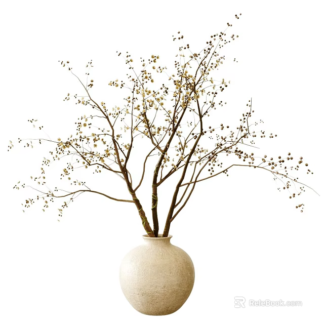 Minimalist Natural Floral Art Display Featuring Branches With Small Yellow Buds In White Vase 3d model 