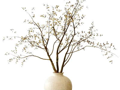 Minimalist Natural Floral Art Display Featuring Branches With Small Yellow Buds In White Vase 3d model