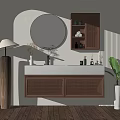Minimalist Bathroom Vanity With Round Mirror Wooden Woven Cabinet Green Plant And Floor Lamp