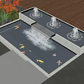 Outdoor Decorative Water Fountain With Multiple Jets Koi Fish And Lush Greenery By Wooden Deck