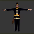 Uniformed Human Figure In Dark Blue Uniform With Yellow Accents Arms Outstretched And Brown Holster