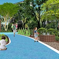Children's Play Area With Circular Paths Blue Water Features Green Lawns And Trees