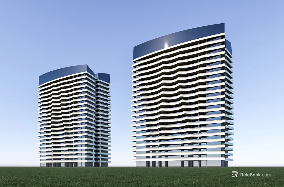 Two Modern High Rise Apartment Buildings With Wave Shaped Facade And Green Grass Field 3d model 