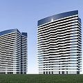 Two Modern High Rise Apartment Buildings With Wave Shaped Facade And Green Grass Field