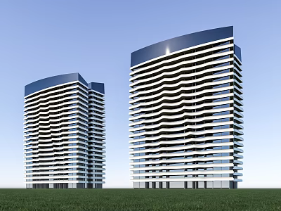 Two Modern High Rise Apartment Buildings With Wave Shaped Facade And Green Grass Field 3d model