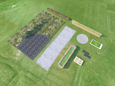 Garden Features Design With Green Lawn Paved Sections Circular Area Wooden Lattice And Planters 3d model
