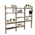 Wooden Multi Tiered Shelving Unit With Books Vases And Potted Plants