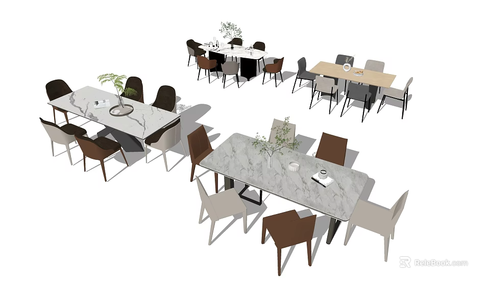 Stylish Dining Table Set With Rectangular Marble Tops Brown Gray Chairs And Decorative Plants 3d model