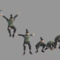 Game Movie Character In Green Outfit With Black Stripes Multiple Action Poses Jumping Squatting